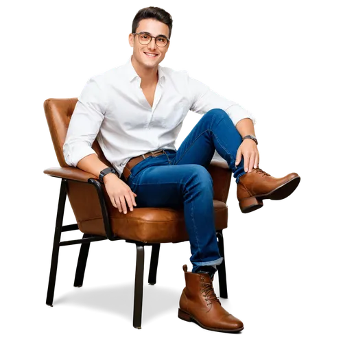 Male, handsome, solo, (25yo), strong jawline, short black hair, glasses, smiling face, white shirt, blue denim jeans, leather belt, brown boots, sitting on chair, one leg crossed over another, relaxed