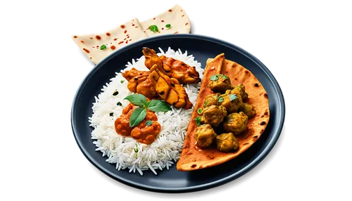 Indian cuisine, traditional dish, colorful ingredients, steaming hot food, intricate garnish, copper utensils, ceramic plate, naan bread, basmati rice, rich curry sauce, tender chicken tikka, crispy o