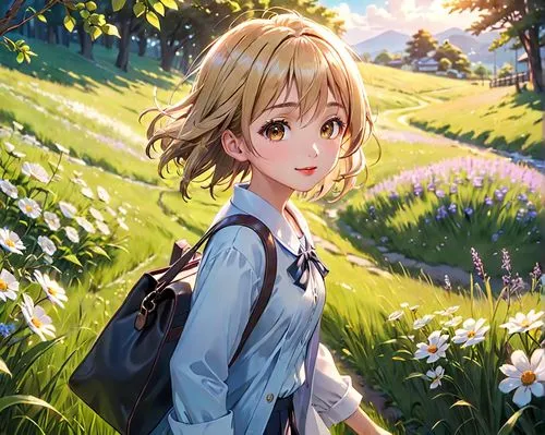 violet evergarden,darjeeling,tarmugi,springtime background,spring background,yachi,tsumugi kotobuki k-on,printemps,shipka,walking in a spring,nagisa,tamako,flower background,field of flowers,girl in flowers,christa,mirai,girl picking flowers,grass blossom,on the grass,Anime,Anime,Realistic