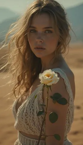 a woman with long hair in a lace dress holding a rose in the desert,desert flower,girl on the dune,margairaz,sand rose,flowerful desert,desert rose