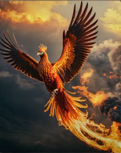  phoenix bird of fire in mid flight flying over the world  away from a nuclear explosion mushroom cloud of gas and fire,mongolian eagle,firebird,fire birds,firebirds,phoenix,eagle eastern,eagle,imperi