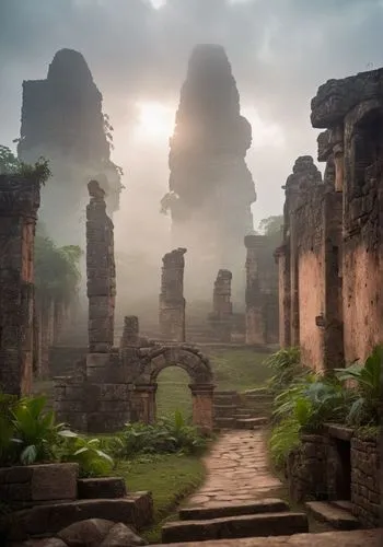 a narrow street in the middle of an overgrown jungle,angkor,candi rara jonggrang,ruins,ancient city,angkor thom,the ruins of the,Photography,General,Cinematic