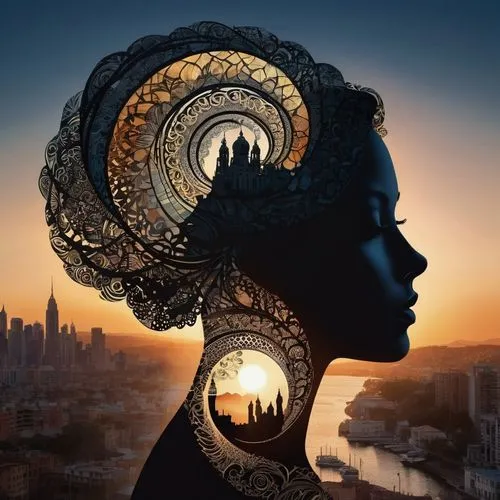 afrofuturism,woman silhouette,head woman,millenary,spiral art,abnegation,woman thinking,hemispheres,precognition,mystical portrait of a girl,the hat of the woman,fractals art,phrenologist,sci fiction illustration,envision,silhouette art,equilibria,queen anne,mirror of souls,dieckmann,Photography,Artistic Photography,Artistic Photography 15