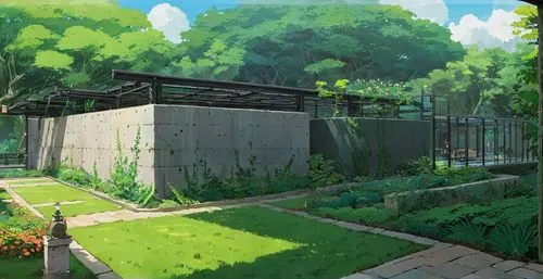 Rendering architecture, same structure, brick walls, concrete floor, more vegetation, style studio ghibli vegetation, beautiful, steel structure, steel ceiling, the next poster for the new anime by St