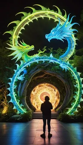 man in silhouette standing in front of a lit up dragon tunnel,kongfu,qilin,shenlong,lightpainting,dragon bridge,dragon of earth,Photography,Documentary Photography,Documentary Photography 31