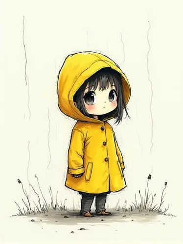 A captivating illustration featuring a small, beautiful chibi girl in a yellow raincoat, drawn in a minimalistic style inspired by the artistic talents of Ashley Wood, Bill Watterson, and Rafael Albuq