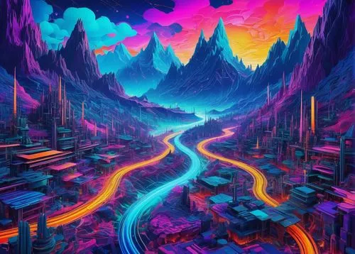 Surrealistic digital artwork, futuristic scenery, abstract Google Deep Dream software, swirling clouds of code, neon-lit circuits, motherboard mountains, CPU towers, glowing blue wires, fragmented scr