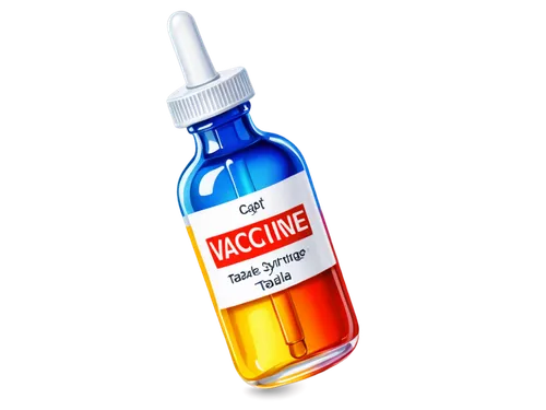 vaccine, medical tool, syringe, needle, liquid medication, glass vial, metallic cap, rounded body, transparent liquid, colorful label, shiny surface, soft lighting, 3/4 composition, close-up shot, rea