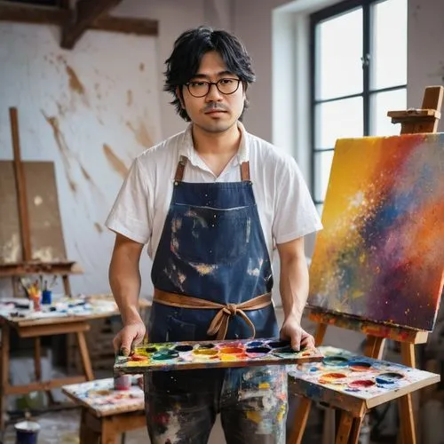 artist portrait,studio ghibli,shirakami-sanchi,painting technique,artist color,japanese art,zao,artist,janome chow,italian painter,meticulous painting,amano,painter,self-portrait,jin deui,art dealer,in a studio,art painting,creative spirit,post impressionist,Art,Classical Oil Painting,Classical Oil Painting 29