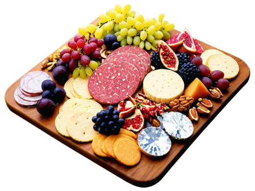 Colorful charcuterie board, assorted meats, artisanal cheeses, crackers, garnishes, grapes, figs, berries, nuts, pomegranate seeds, edible flowers, rustic wooden board, marble surface, softbox lightin