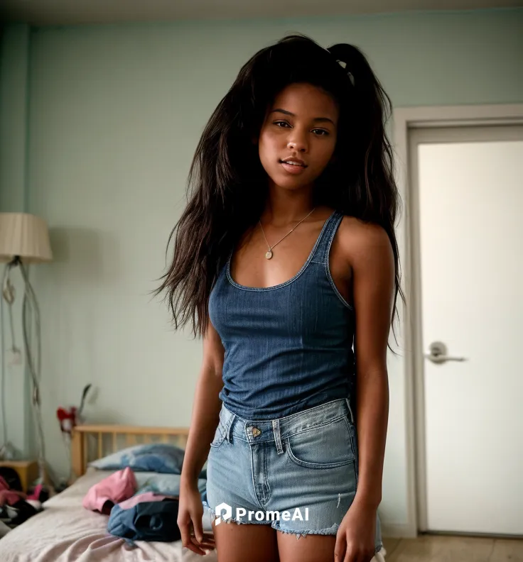 A sexy 19-year-old girl.  Standing in a room in a simple apartment building from the 90s.  She listens to music and sings loudly.  She wears jeans and a tank top.  She puts on flip-flops and raises he