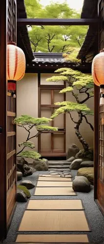 Traditional Japanese TWA architecture, curved tiled roof, intricately designed wooden doors, sliding Shoji screens, Tatami mats, low-seating tables, paper lanterns, natural materials, earthy tones, se