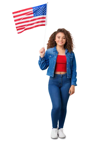 Free-use Independence Day girl, solo, (18yo), sparkling eyes, bright smile, curly brown hair, star-spangled dress, blue denim jacket, white sneakers, holding American flag, standing proudly, confident