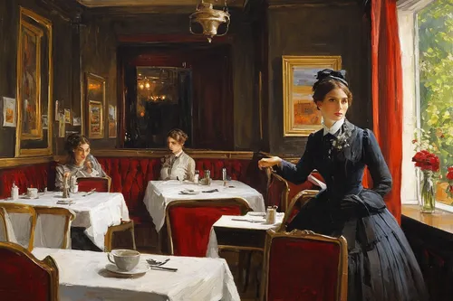 woman at cafe,bistrot,paris cafe,women at cafe,viennese cuisine,waiting staff,new york restaurant,bistro,the victorian era,parisian coffee,victorian lady,fine dining restaurant,tearoom,waiter,woman drinking coffee,victorian style,woman with ice-cream,apéritif,dining,a restaurant,Art,Classical Oil Painting,Classical Oil Painting 12