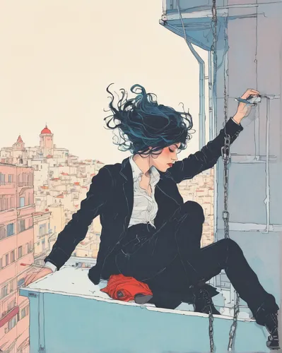 Create a suspenseful scene where a torbes attempts a daring heist.,watercolor paris balcony,on the roof,rooftops,rooftop,paris balcony,falling,the girl at the station,vertigo,woman sitting,flamenco,wi