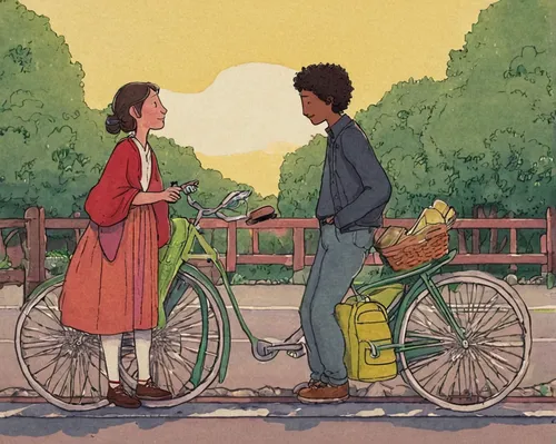 bicycle ride,bicycle,bicycles,bicycle riding,shirakami-sanchi,tandem bicycle,bicycling,vintage boy and girl,bike ride,biking,bike kids,bicycle mechanic,romantic scene,girl and boy outdoor,bicycle part,boy and girl,studio ghibli,bike,bike riding,tandem bike,Illustration,Paper based,Paper Based 26