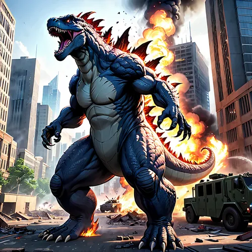 Godzilla, virtual reality game, massive creature, scaly texture, reptilian skin, atomic breath, city destruction, skyscrapers, panicked crowds, military vehicles, fighter jets, interactive environment