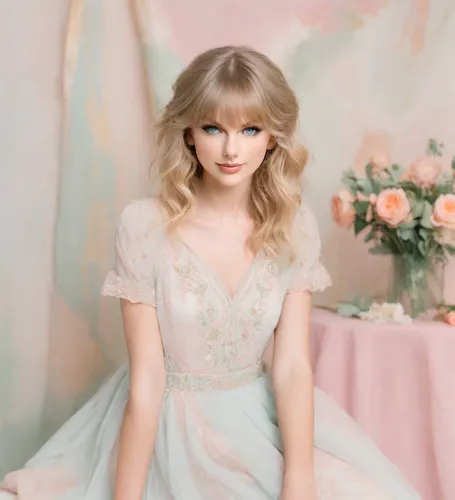 Lifestyle Headshots，Lifestyle，Soft Pastel Studio Shoot，taylor swift,porcelain doll,enchanting,a princess,barbie doll,vintage lavender background,peach color,fairy queen,princess,vintage angel,floral b