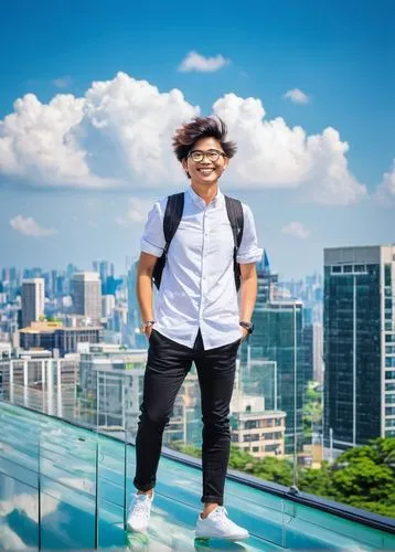 Summer intern, young adult, male, casual wear, white shirt, black jeans, sneakers, backpack, laptop, notebook, pencils, smiling face, bright eyes, messy hair, standing, modern architecture, glass wall