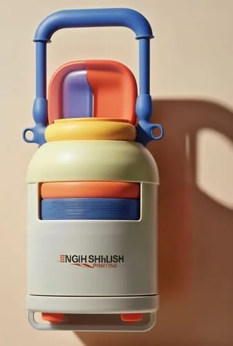 清新时尚 英文印字,an orange and blue toy with a handle and a small device,jerrycan,cocktail shaker,pencil sharpener,engine oil,water jug,pencil sharpener waste