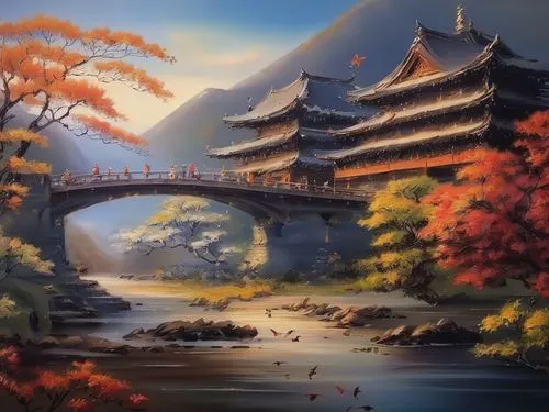 japan landscape,autumn landscape,dragon bridge,autumn in japan,oriental painting,japanese art,chinese art,autumn scenery,fantasy landscape,kyoto,landscape background,beautiful japan,autumn mountains,f