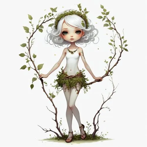 dryad,gypsywort,girl with tree,garden fairy,tree anemone,eglantine,linden blossom,acerola,forest clover,tilia,white blossom,fae,faerie,girl in a wreath,birch tree illustration,child fairy,wood elf,elven flower,little girl fairy,tree white,Illustration,Abstract Fantasy,Abstract Fantasy 11