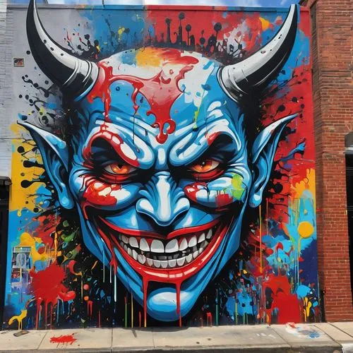 In the heart of a bustling city, a mural painted with bold colors and intricate designs depicts the face of a devil with a wide grin and a fierce expression. The mural is decorated with bright red, wh