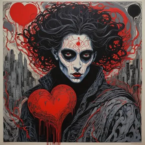 queen of hearts,painted hearts,corazon,deheart,heartsickness,red heart,Illustration,Realistic Fantasy,Realistic Fantasy 06