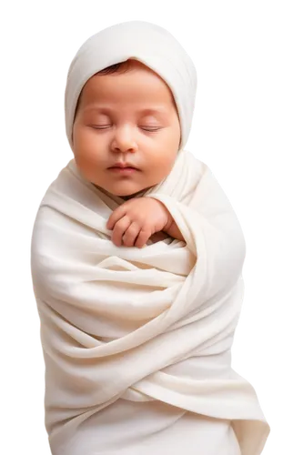 Newborn baby, free pose, soft focus, pastel colors, blurred background, gentle light, tender skin, tiny hands, wrapped in white cloth, swaddled, peaceful sleep, 3/4 composition, shallow depth of field