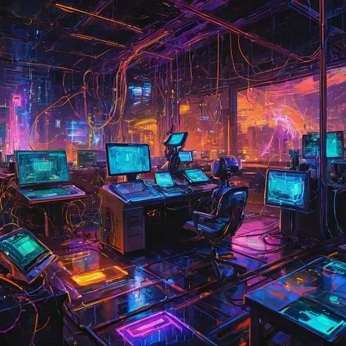 18+, AI generator, futuristic laboratory, neon lights, metallic tables, wires, circuits, robotic arms, holographic screens, virtual reality headsets, motherboards, CPU, GPU, RAM, futuristic chairs, gl