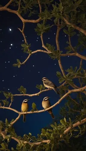 Arabian night, quiet good night in the gardens of the Arabian palace, birds sleep on tree branches,night heron,night scene,night bird,songbirds,birds on a branch,birds on branch,sparrows,small birds,n