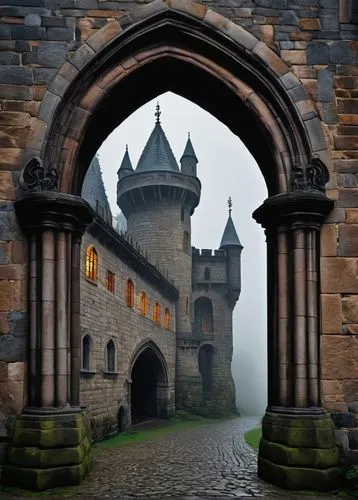 Medieval castle, grandiose, stone walls, towers, battlements, moat, drawbridge, Gothic windows, stained glass, intricate carvings, rusted iron gates, lanterns, torches, foggy morning, misty atmosphere