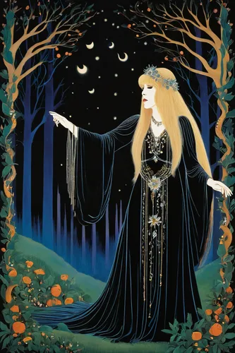 queen of the night,sorceress,rusalka,lady of the night,the enchantress,celtic queen,priestess,art deco woman,celebration of witches,dance of death,halloween illustration,fairy queen,fantasy woman,halloween witch,the snow queen,crow queen,the witch,stevie nicks,faerie,lillian gish - female,Illustration,Retro,Retro 26