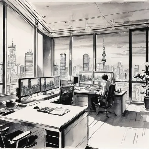 office line art,modern office,working space,cubicle,offices,stanchart,office,workspace,mies,workspaces,office desk,workplace,crittall,cubicles,kantor,work space,study room,workstations,in a working environment,creative office,Illustration,Paper based,Paper Based 30