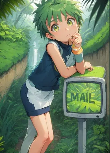 an anime girl leaning on a sign with the word mail on it,mail box,yotsuba,greenmail,mailbox,spam mail box,gumi,mail,himawari,mion,ranka,email,marji,letter box,green-tailed emerald,webmail,mail truck,m