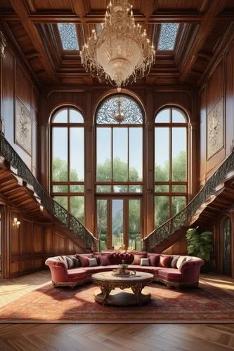 Interior design, luxury villa, wooden architecture, grand entrance hall, high ceiling, ornate chandelier, intricately carved wooden walls, polished walnut flooring, decorative archways, elegant stairc