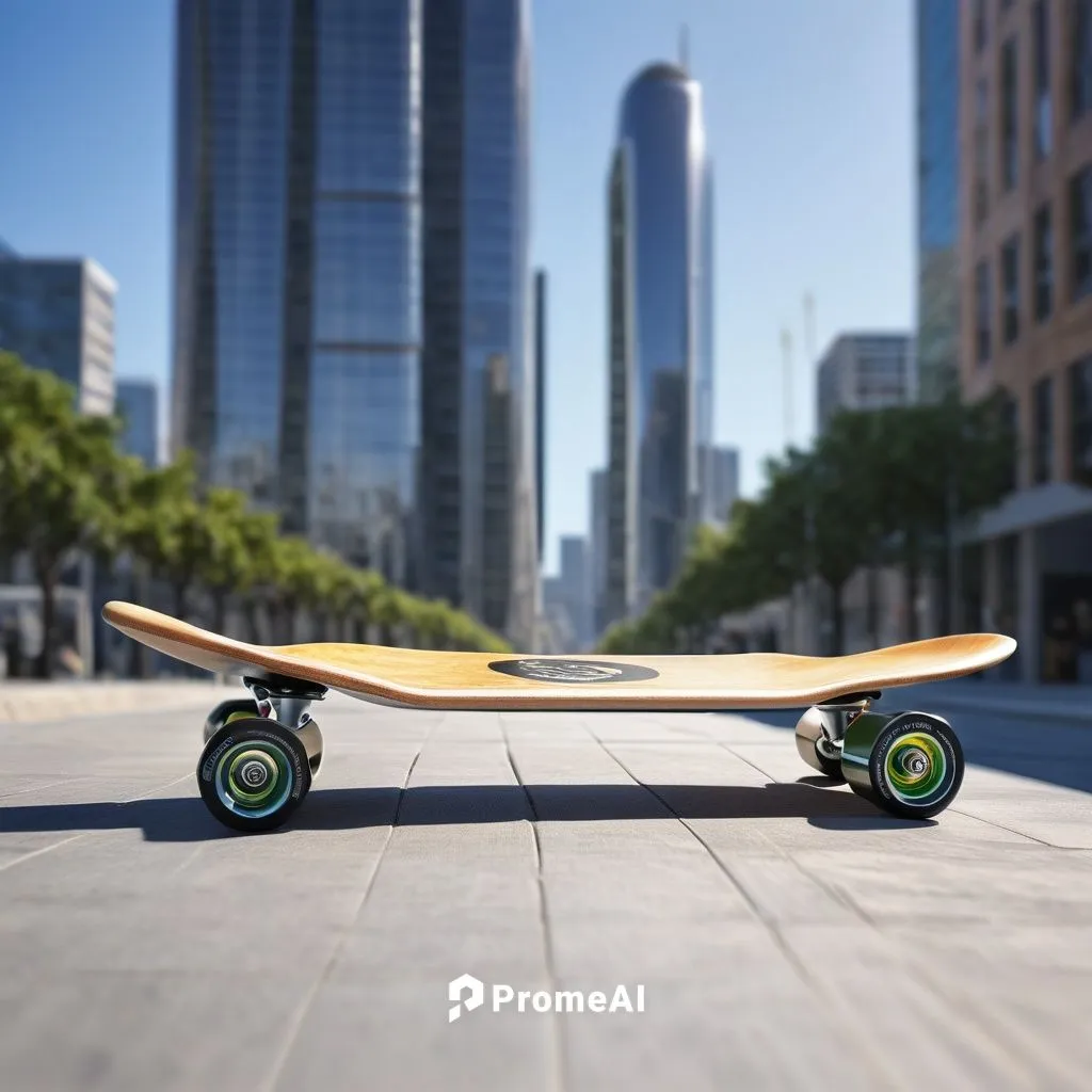 Longboard, architectural product, modern design, sleek lines, smooth wood texture, silver metal wheels, bold font logo, urban setting, city street, skyscraper background, sunny day, shallow depth of f