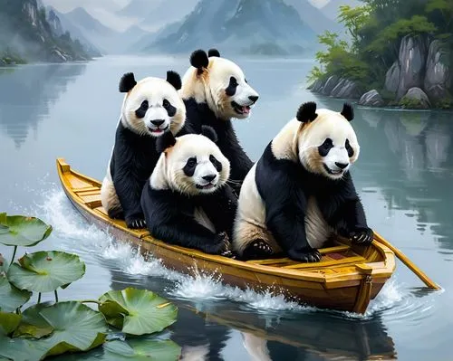 canoeing,pandas,chinese panda,canoes,giant panda,dragon boat,paddling,panda,long-tail boat,paddle boat,hanging panda,raft,pedal boats,taxi boat,boat landscape,fishing float,kayaking,family outing,panda bear,picnic boat,Conceptual Art,Fantasy,Fantasy 18