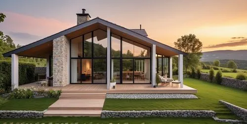 A minimalist house with a gable roof, featuring stone details on the facade, set in a village surrounded by small hills and forest. The windows have anthracite gray frames, adding a modern touch. The 