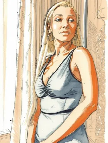 simple drawing of a woman with blonde hair in a dress near a window,a drawing of a woman leaning against a window,pregnant woman,prepon,pregnant woman icon,rotoscoped,rotoscope,comic halftone woman,Co