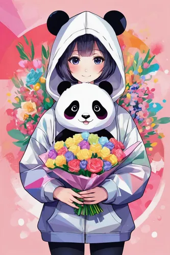 Create an image of a cute anime girl wearing a panda hoodie, holding a bouquet of flowers and a slice of cake.
,kawaii panda,panda bear,kawaii panda emoji,panda,pandabear,pandas,chinese panda,little p