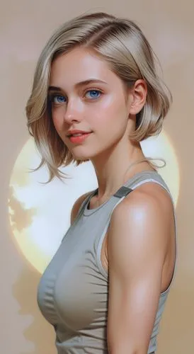 no background, anime, short hair, fit woman, big eyes, big lips,muscle woman,top tank, leggins, short boots,  blue eyes, big smile,a painting of a woman with short blonde hair,portrait background,blon