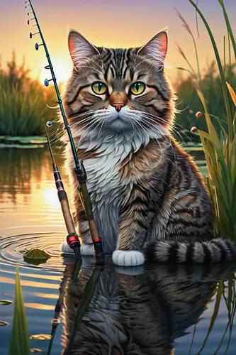 cat, fishing rod, full screen view, whiskers, focused expression, tabby pattern, fluffy fur, sitting position, lakeside, calm water, sunset glow, reeds, lily pads, serene atmosphere, soft lighting, wi