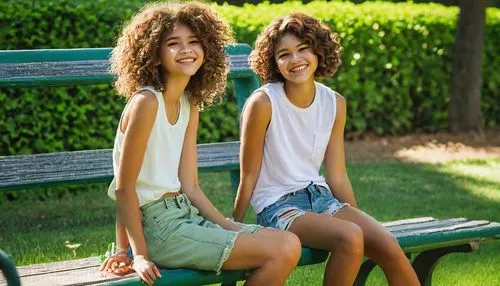 Zendaya's daughter, young girl, 12yo, curly brown hair, bright smile, freckles, casual wear, ripped denim shorts, white tank top, sneakers, sitting, park bench, sunny day, flower beds, green grass, tr