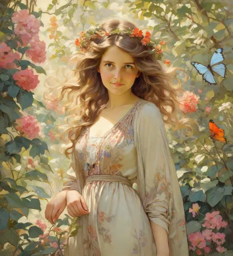 portrait of girls with light brown hair in the painting style of Alphonse Mucha, blooming garden, flowers, butterflies,girl in flowers,girl in the garden,emile vernon,girl in a wreath,beautiful girl w