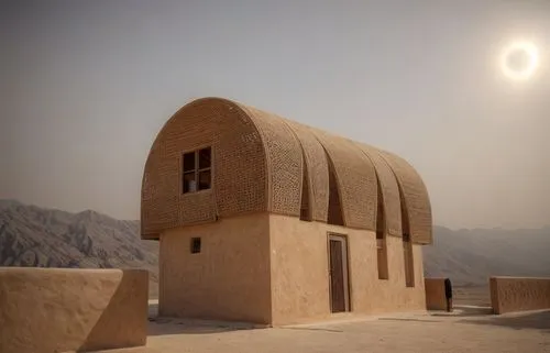 this is a building that located in  Iran. All surface is covered by  only one dusty colored thatch. There is a mountain with some trees in background.,islamic architectural,oman,house of allah,caravan