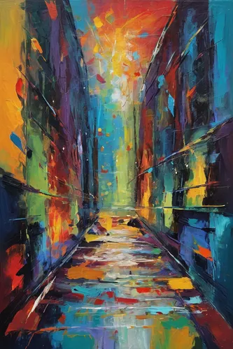 colorful city,narrow street,alleyway,passage,cityscape,oil painting on canvas,alley,the street,street canyon,monaco,boulevard,one-way street,pedestrian,street lights,marseille,venetian,city highway,oil on canvas,street scene,saintpetersburg,Conceptual Art,Oil color,Oil Color 20