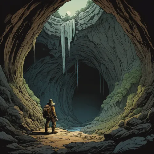 An adventurous male cartoon character exploring a mysterious cave.,caving,ice cave,cave tour,glacier cave,pit cave,cave,speleothem,stalagmite,stalactite,chasm,exploration,the limestone cave entrance,h