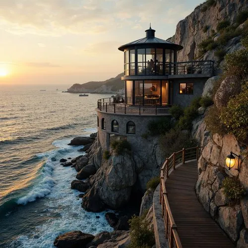 Watchtower on coastal cliff, rugged rock formations, crashing ocean waves, salty sea air, nautical themed architecture, wooden decking, rope railings, lantern-style lighting, weathered stone walls, cu