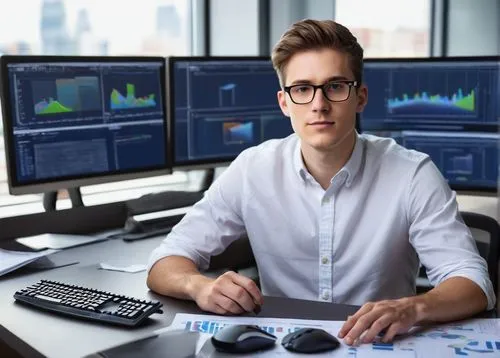 Male programmer, 30s, bespectacled, short brown hair, casual wear, white shirt, dark blue jeans, black sneakers, sitting, desk, multiple monitors, keyboard, mouse, papers, certificates on wall, softwa